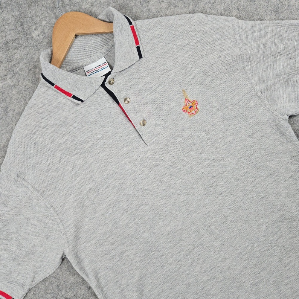 Men's Gray Knit Polo Shirt New Hampshire Boy Scouts Embroidered Size L BSA Retro